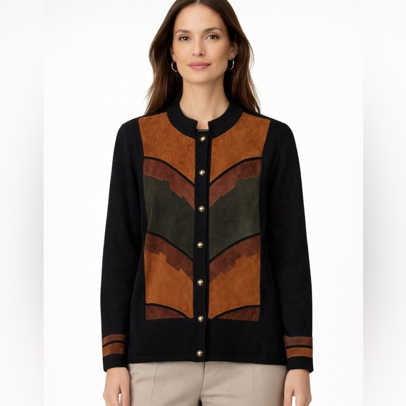 None Jackets & Blazers - Vintage Knit Button-Up Sweater Jacket Suede Chevron Retro Western 70s Sz Medium